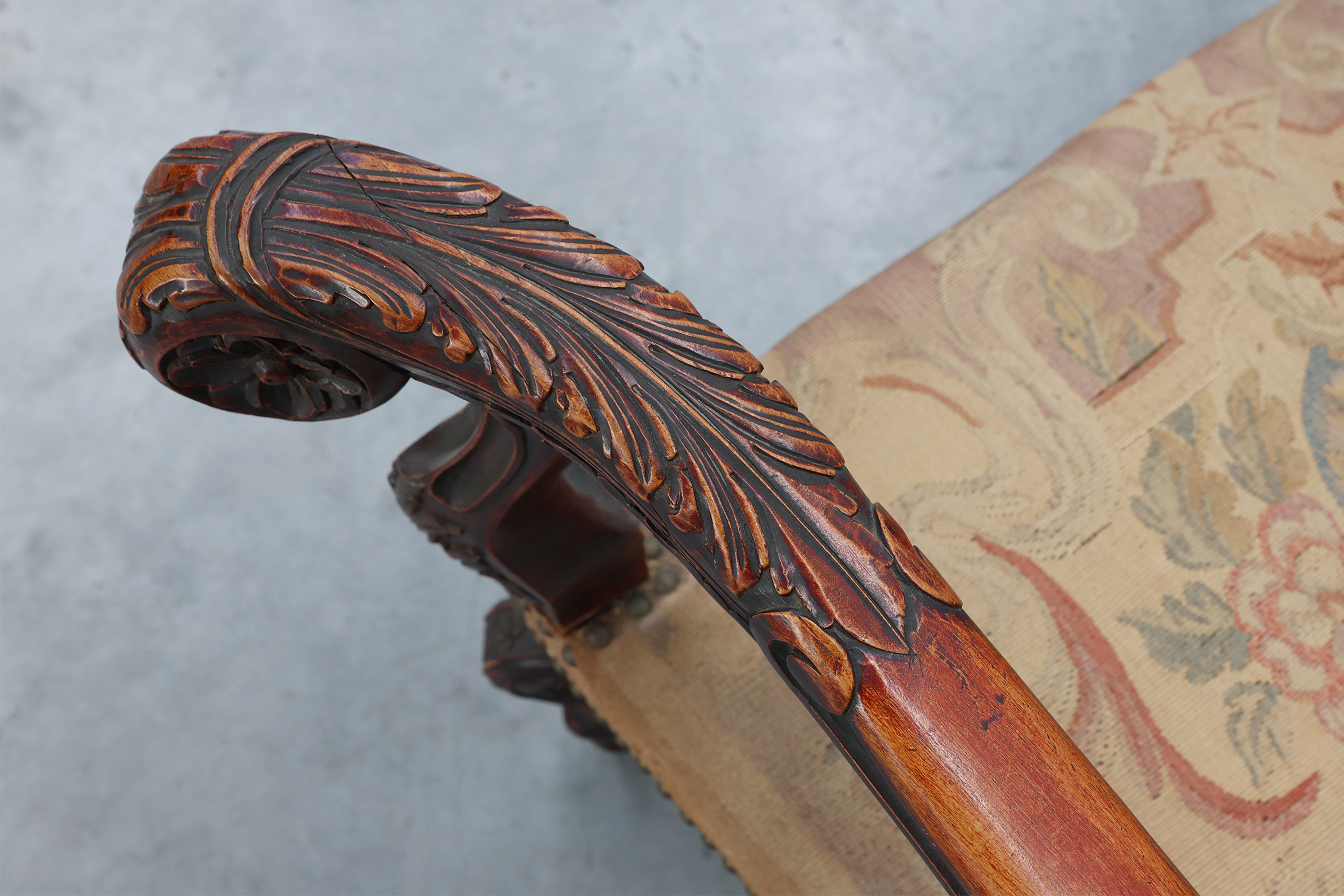 Carved Walnut Armchair with Scrolling and Tapestry Upholstery, France, circa 1800thumbnail